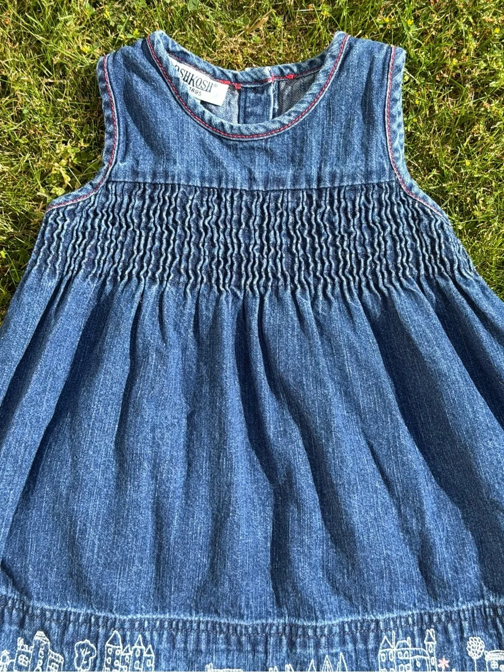 Vintage OshKosh Denim Dress 18M Smocked Embroidered City Skyline Hem 90s